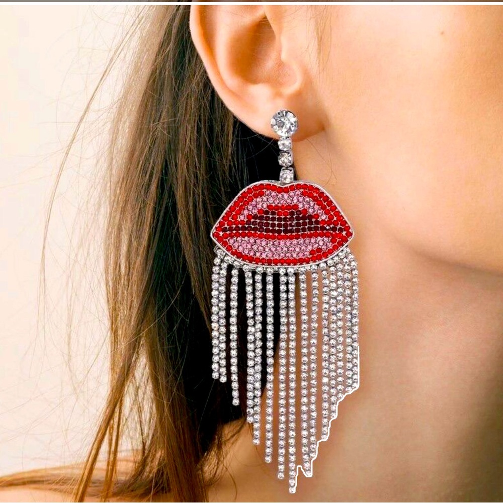 SHEILA RED LIP RHINESTONE TASSEL‎ DANGLE EARRINGS